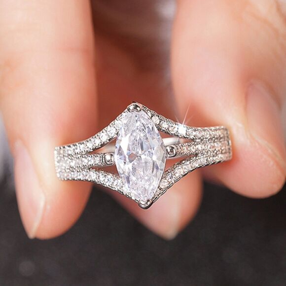 3Ct Marquise-Cut White Sapphire Halo Ring – Split Shank, 14K White Gold Plated - Picture 11 of 15